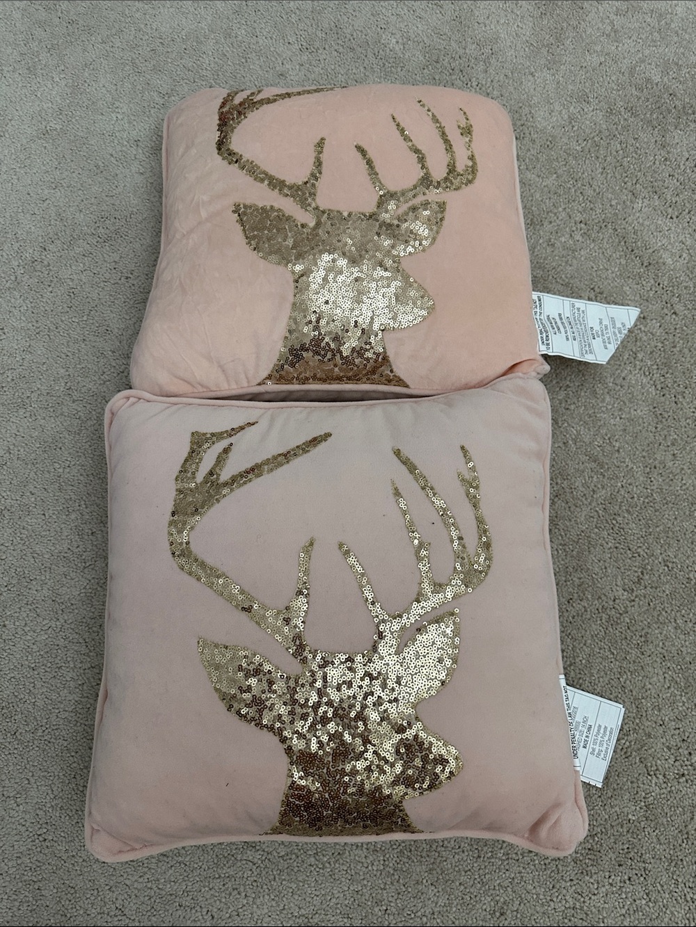Pink Velvet Holiday Pillow with Gold Sequin Reindeer - Home Holiday